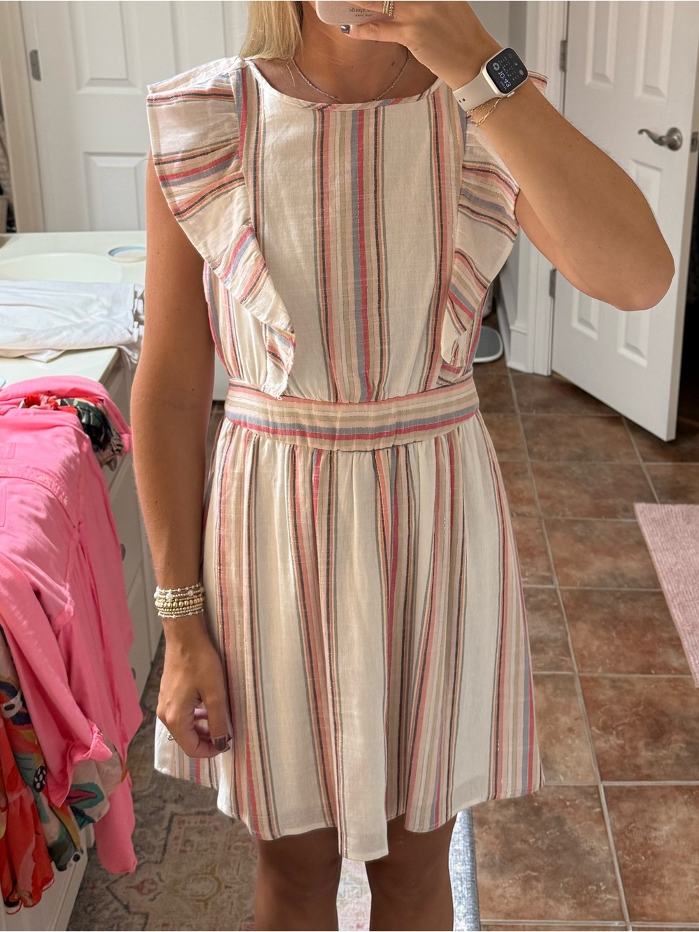 Chelsea & Violet White Dress with Pink Stripes and Ruffle Sleeves